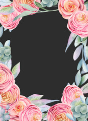 Frame, floral border of watercolor pink roses and branches, hand painted on dark background, wedding card template