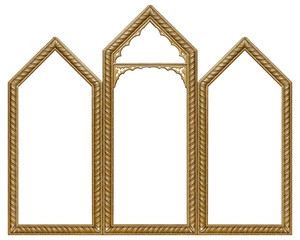 Triple golden gothic frame (triptych) for paintings, mirrors or photos isolated on white background