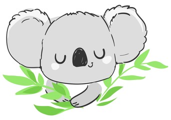 Hand drawn cute childish illustration koala and green leaves. Print design.