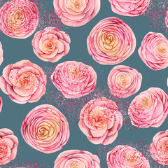 Seamless pattern of watercolor pink roses buds and abstract splashes, hand painted on dark blue background