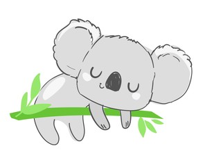 Hand drawn cute childish illustration koala and green leaves. Print design.