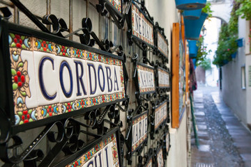 Famous narrow street in Cordoba named Las flores with colorful pots on its walls