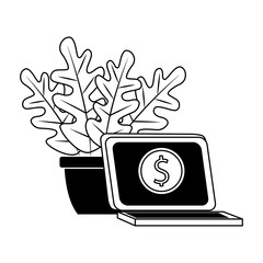 laptop computer and plant in a pot, flat design