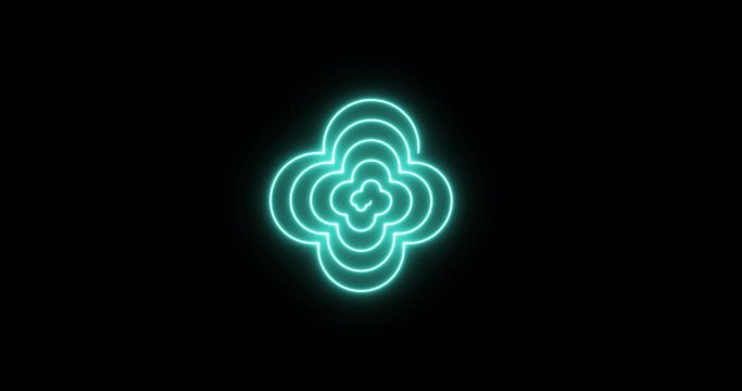 Quaterfoil spinning blue neon spiral. 4k loop animation