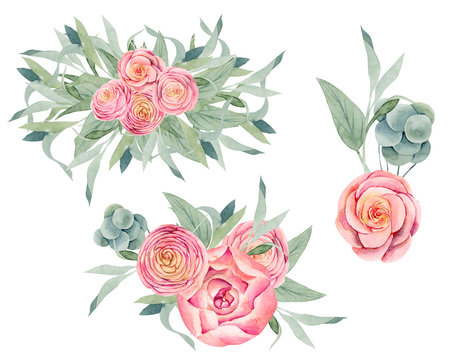 Watercolor isolated bouquets of pink peonies and roses, green leaves and branches, hand painted on white background