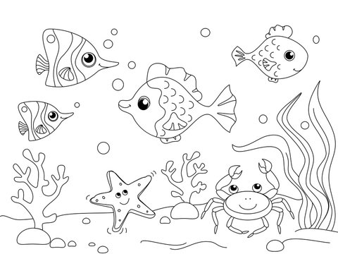 Children coloring. The underwater world, the bottom of the ocean. Sea inhabitants, fish. Vector
