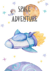 Cute cartoon watercolor rocket icon set on space background. Colorful blue flying shuttle illustration, isolated clip art for little astronaut baby shower