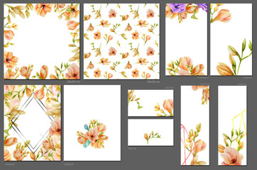 Card templates set with watercolor peach freesia flowers; artistic design for business, wedding, anniversary invitation, flyers, brochures, table number, RSVP, Thank you card, Save the date card
