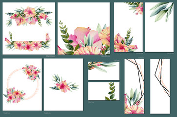 Card templates set with watercolor hibiscus and green leaves; artistic design for business, wedding, anniversary invitation, flyers, brochures, table number, RSVP, Thank you card, Save the date card