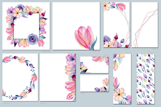 Card templates set with watercolor pink and purple tender flowers; artistic design for business, wedding, anniversary invitation, flyers, brochures, table number, RSVP, Thank you card, Save the date