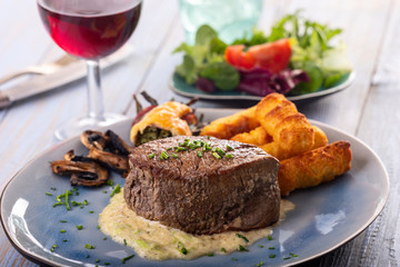closeup of a steak on a plate