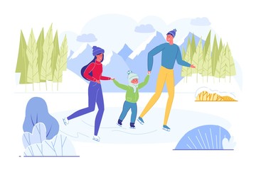 Parents and Son Ice Skating on Frozen River Rink.