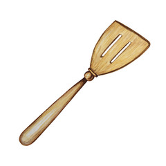 Hand drawn Wooden spatula Kitchen accessories for baking watercolor illustration, isolated on white background. It's cooking time. Baking tools.