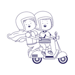 happy girl and boy riding a classic motorcycle, flat design