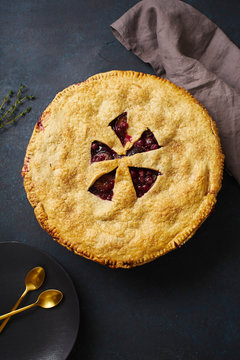 Fruit pie with plums and thyme on dark blue background