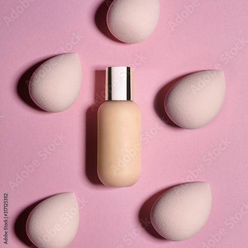 Ampère Discriminatie Uitgaand Conatainer With Fluid Foundation With Beauty Blender Cosmetic Branding, And  Skincare Concept Tonal Bb Cream Bottle Make Up Fluid Foundation Base For  Nude Skin Color On Pink Background Wall Mural-vania_zhukevych