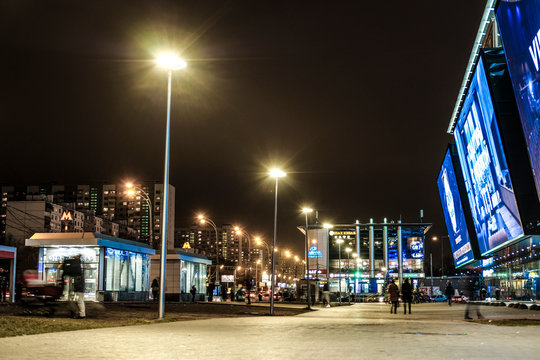 Moscow, Russia - December, 30, 2019: image of the entrance to the metro station Yugo-Zapadnaya in Moscow in the evening