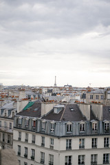 Fototapeta na wymiar PARIS, Eiffel Tower in the urban space of the daytime city. The view from the roof of the houses.