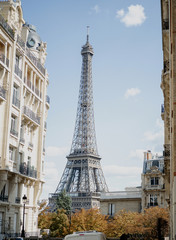 Fototapeta na wymiar Eiffel Tower in the urban space of the daytime city.