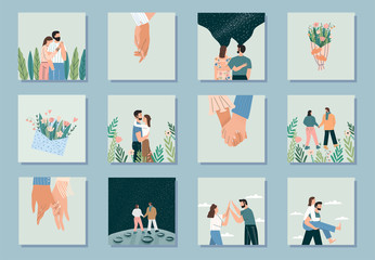 Set of cute romantic postcards. Hugging couple, hands holding flowers,couple on the moon. Concepts for Valentine's day. love story, romance, relationship. Flat vector illustration