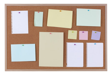 Paper reminder notices on a cork notice board on white with clipping path