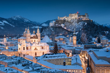 Beautiful view of the historic city of Salzburg with Festung Hohensalzburg in winter, Salzburger...