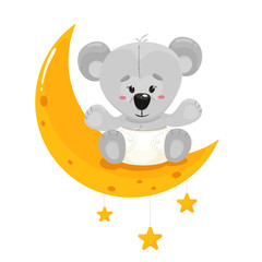 A cute teddy bear in a diaper on the moon. Vector illustration in cartoon flat style. White background.
