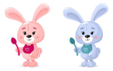 Cute bunnies boy and girl with spoons and bibs. Vector isolates of animals in cartoon flat style. Ideal for baby food.