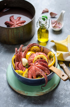 Hot octopus salad with roasted lemon and garlic