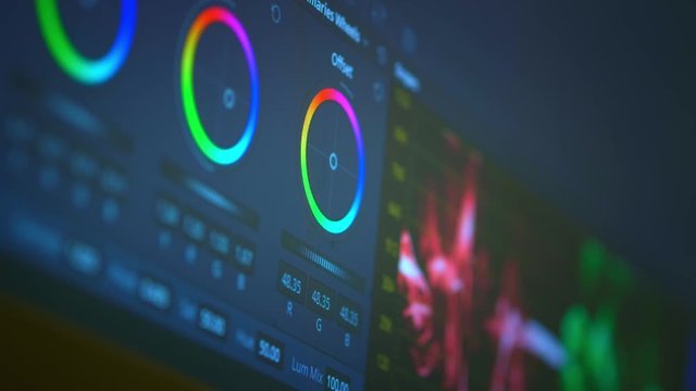 The software interface for color grading video in film and television. Professional post production for photos and videos. Image color correction.