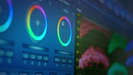The software interface for color grading video in film and television. Professional post production for photos and videos. Image color correction.