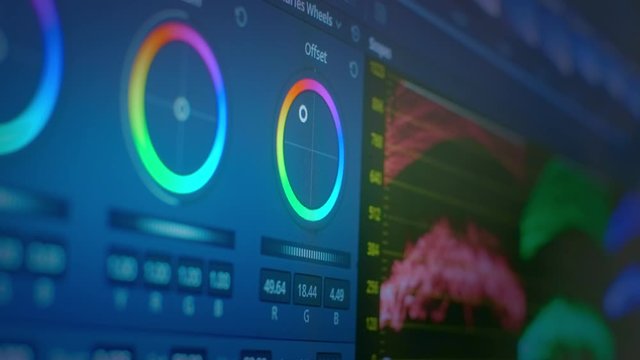 The software interface for color grading video in film and television. Professional post production for photos and videos. Image color correction.