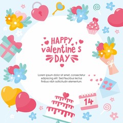 Valentine's Day greeting card. Frame with lettering and love theme elements. Creative illustration for your design.