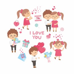 Obraz na płótnie Canvas Valentine's Day romantic card. Cute illustration with sweet couples. Boy with bouquet and balloons, girl with hearts. Illustration for Valentines Day.