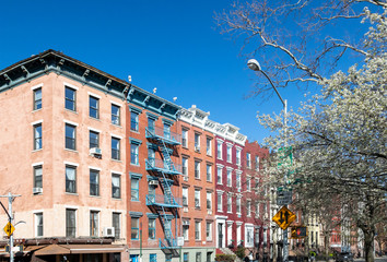 Corner of 10th Street and Avenue A on a sunny spring day in New York City