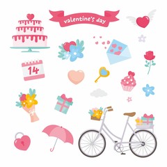 Valentines day set. Romantic concept illustration. Bike, umbrella, heart, floral bouquet, gift box, envelope, cake. Save the Date.
