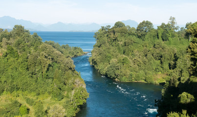 Birth of the Rio Bueno, leaving Lake Ranco. In the region of Los R&iacute;os, in Araucan&iacute;a or Patagonia, Chilean Andes. South of Chile.