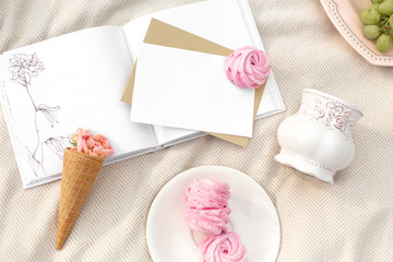 The layout of sweets in a pink girlish style.