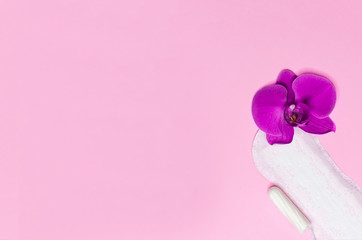 daily sanitary pad and tampon on critical days for a woman during menstruation on pink background with purple orchid flower. hygiene and care. copy space, text