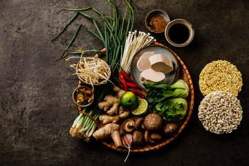Chinese Asian foods Ingredients for cooking on dark background