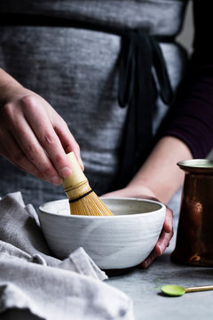 Making a matcha tea and matcha latte