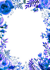 Frame framed with blue rose flowers. Flower poster, invitation. Watercolor compositions for the decoration of greeting cards or invitations. Vertical orientation