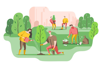 Volunteers plant a trees in the Park and put garbage in bags. Young people care about the environment. Vector illustration in a flat style - obrazy, fototapety, plakaty
