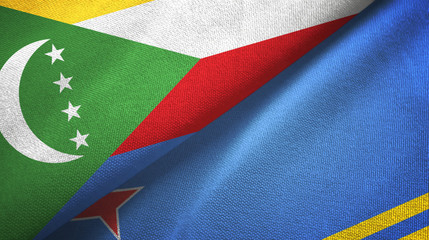 Comoros and Aruba two flags textile cloth, fabric texture