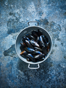 Mussels in a collander against a blue background