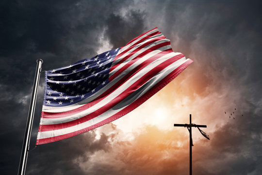 United States Flag With Christian Cross