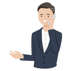 困っている大人の男性。困った様子で電話をかけている。