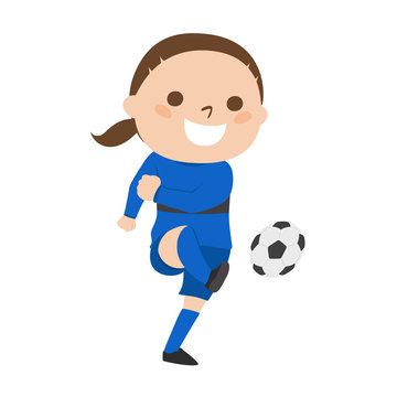 サッカーをする若い女性のイラスト。サッカーボールを蹴っているイラスト。