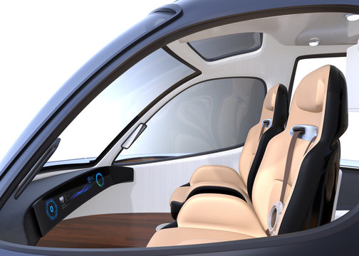 Luxury interior of flying car (air taxi) with comfortable leather seats. 3D rendering image.