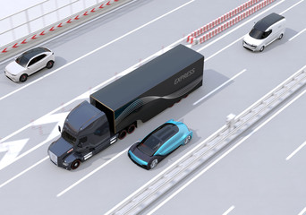 Fuel-Cell truck, electric car and delivery van driving on highway. 3D rendering image.